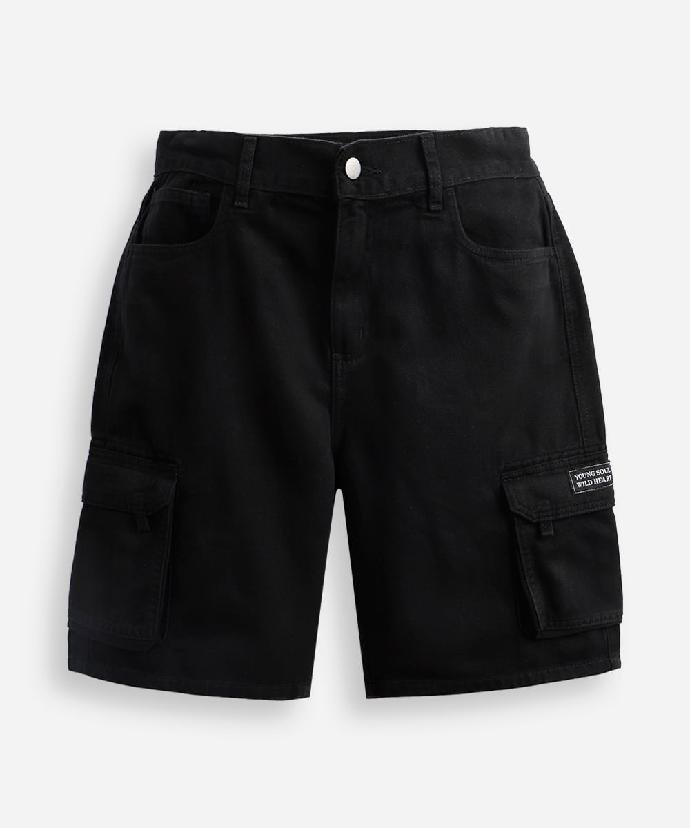 bermuda cargo juvenil jeans preta