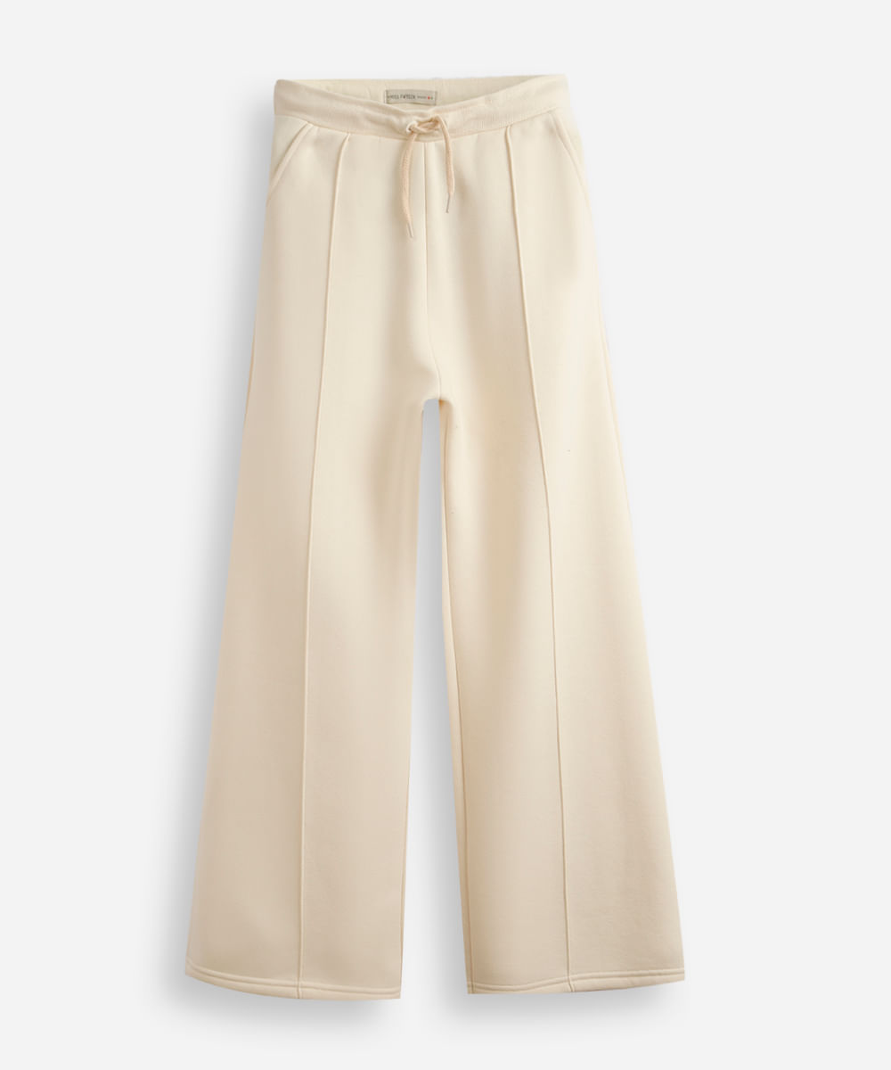 calça wide leg juvenil de moletom com nervura bege
