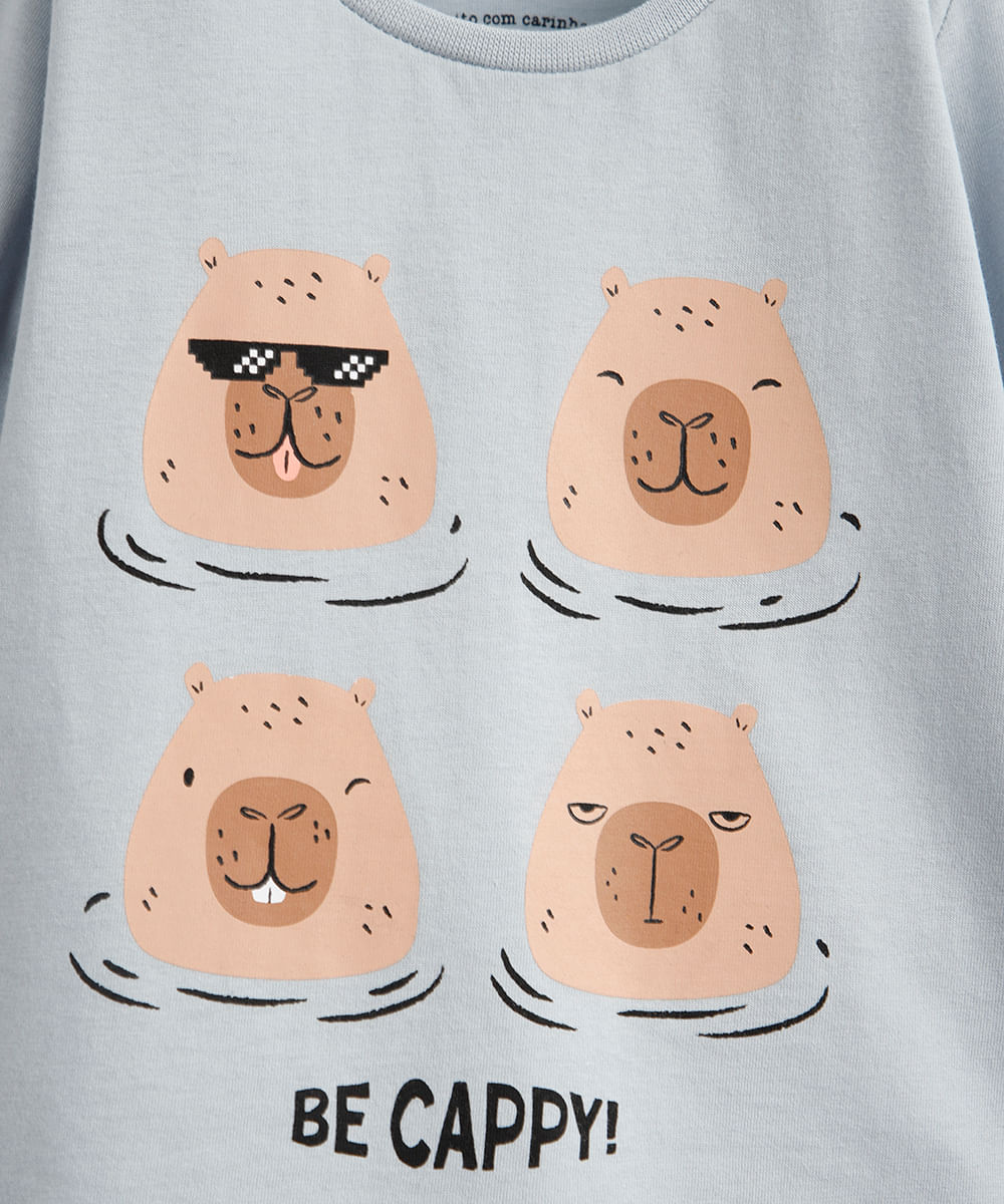 blusa de algodão infantil manga longa capivara azul