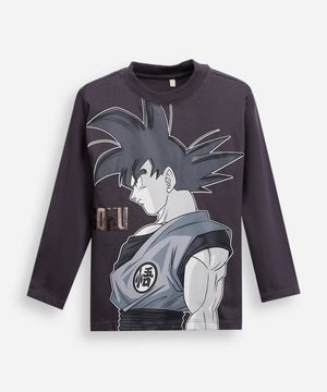 camiseta infantil de algodão manga longa goku cinza