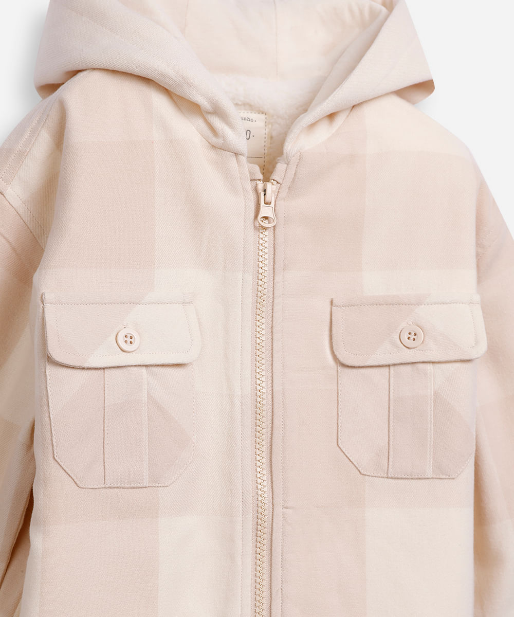 jaqueta infantil de algodão com capuz e forro xadrez bege