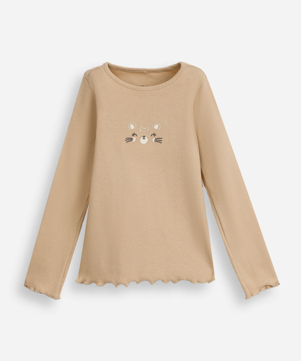 blusa de algodão infantil com bichinho e fru fru canelada bege