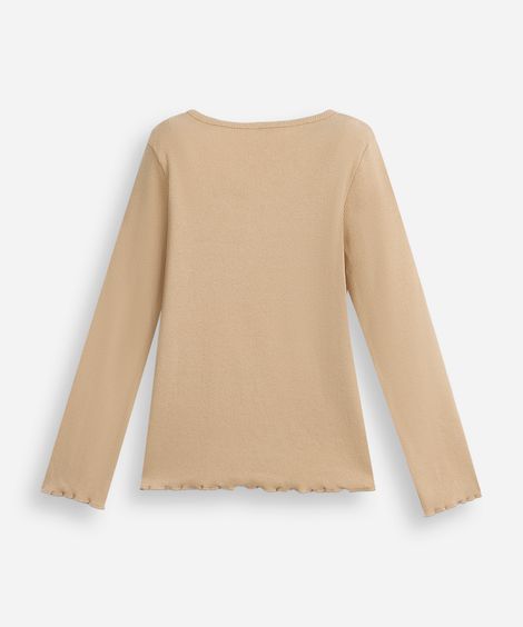 blusa de algodão infantil com bichinho e fru fru canelada bege