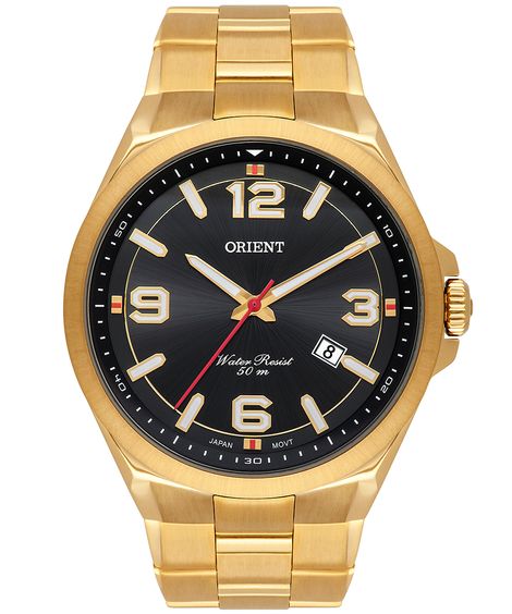 relógio masculino orient mgss1204p2kx analógico calendário dourado