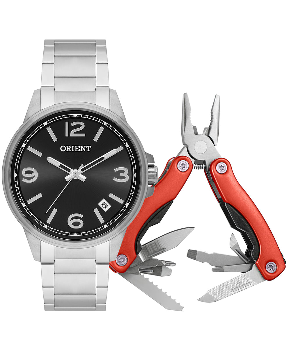 kit relógio masculino orient mbss1466ka8lp2sx analógico calendário prateado