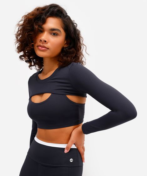 top feminino esportivo com sobreposição preto