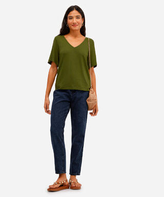 blusa feminina de viscose decote v manga curta verde