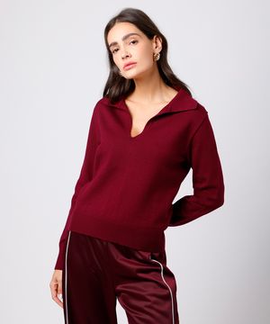 polo feminina de tricot gola v manga longa mindset vinho