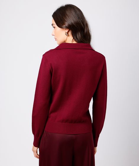 polo feminina de tricot gola v manga longa mindset vinho