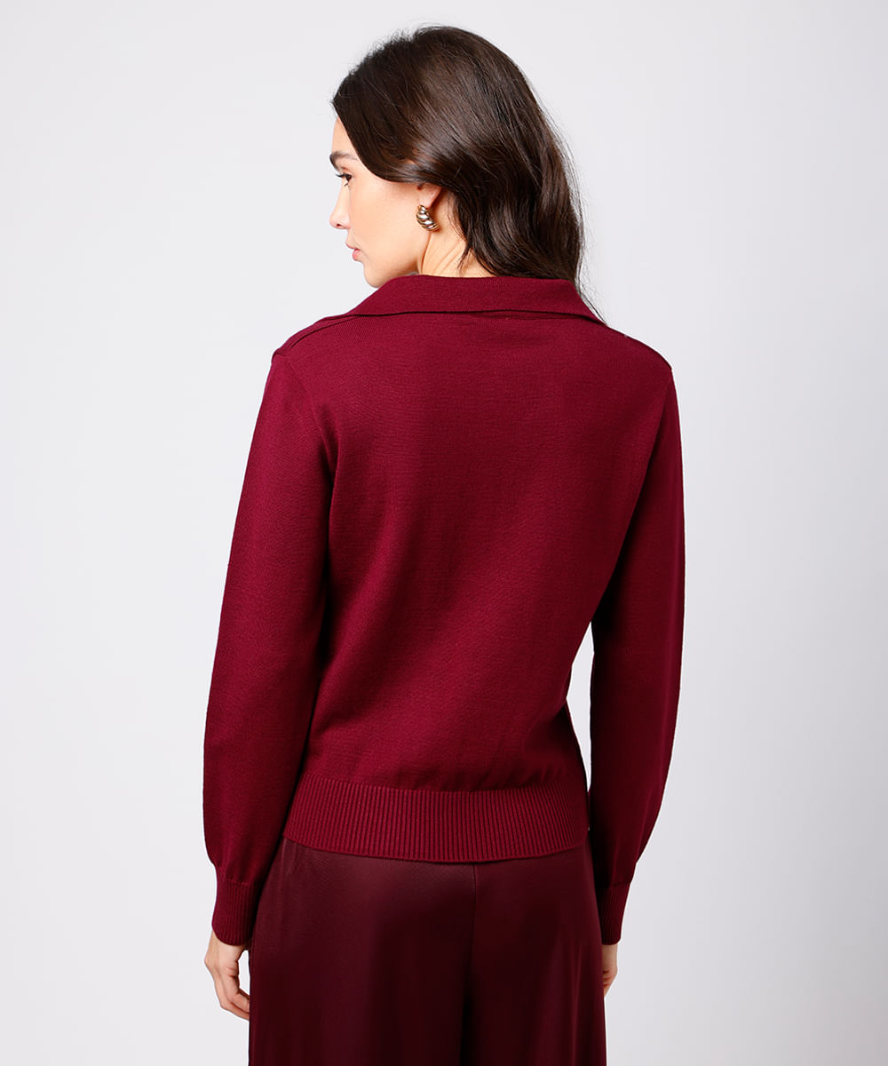 polo feminina de tricot gola v manga longa mindset vinho