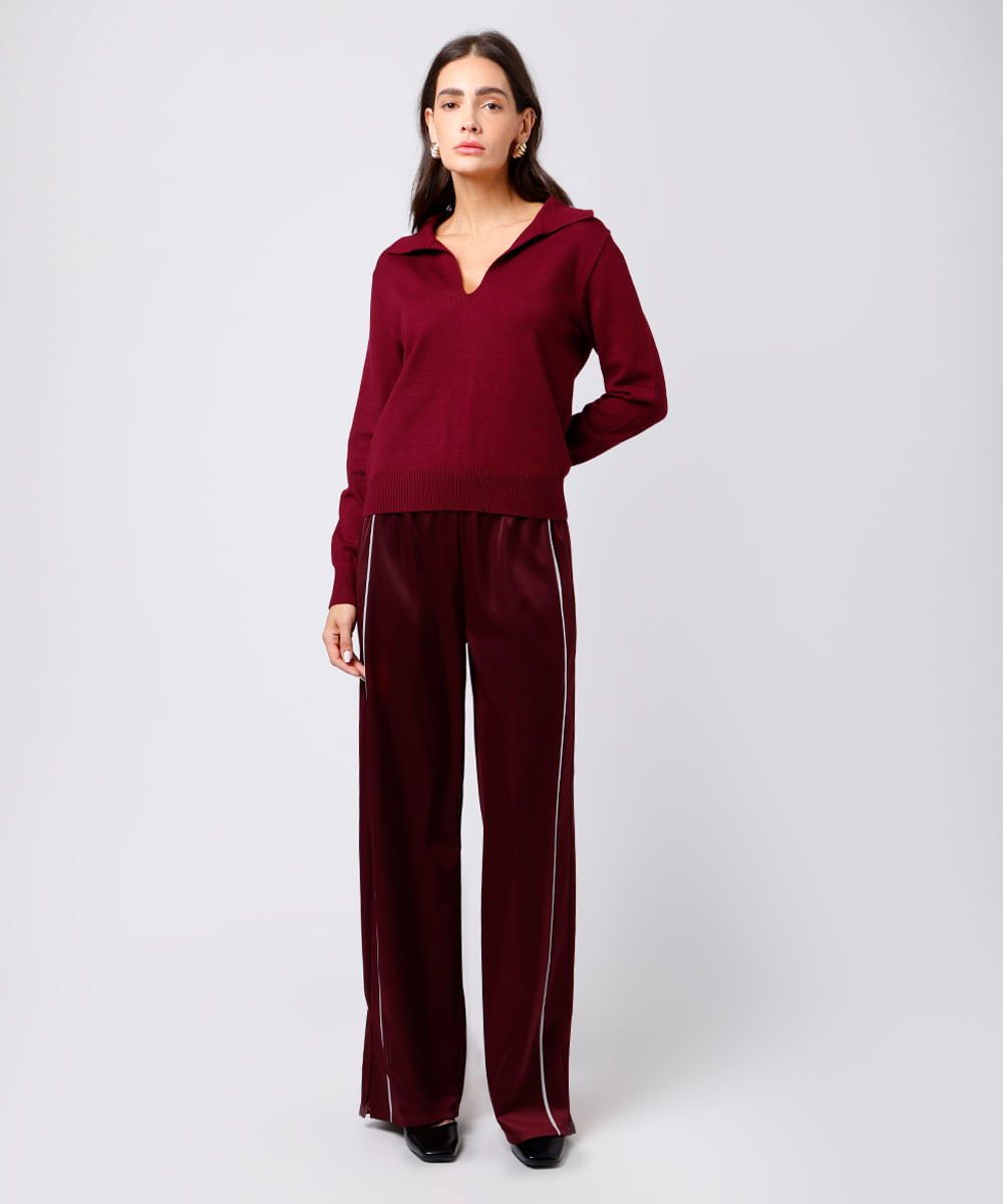 polo feminina de tricot gola v manga longa mindset vinho