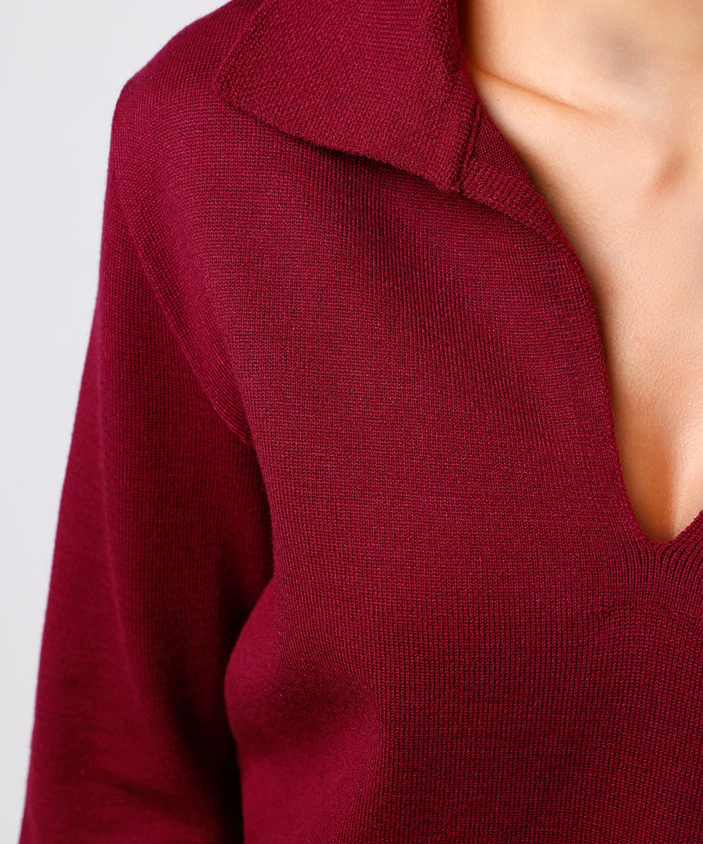 polo feminina de tricot gola v manga longa mindset vinho