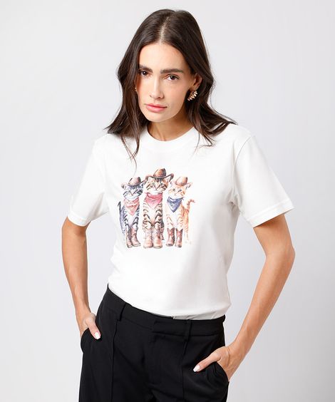 camiseta feminina de algodão gatinhos western mindset off white