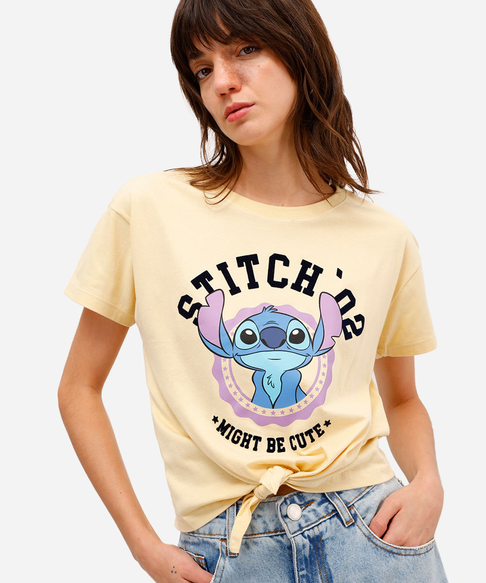 camiseta feminina de algodão stitch com amarração amarela
