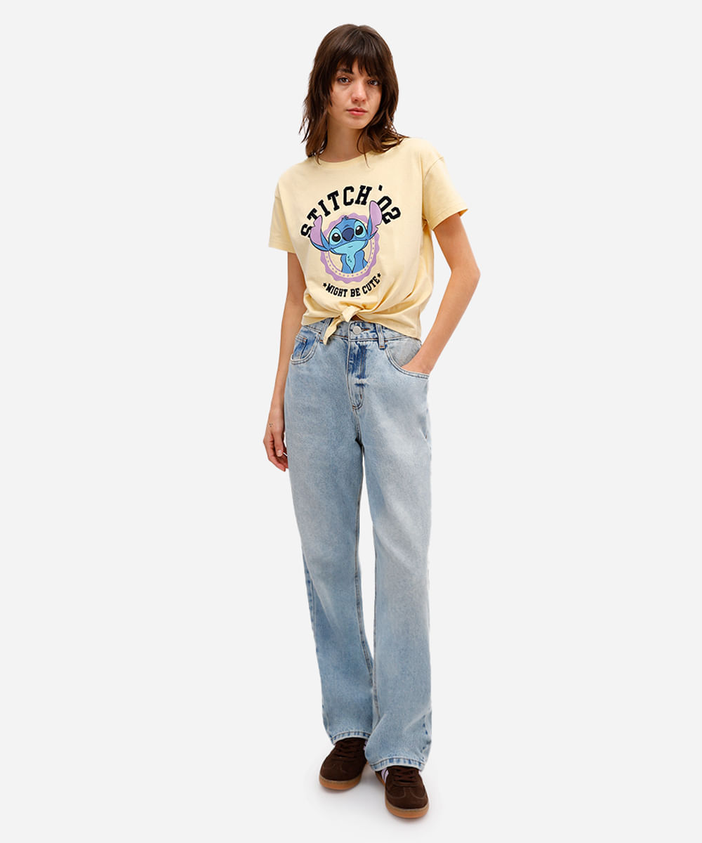 camiseta feminina de algodão stitch com amarração amarela