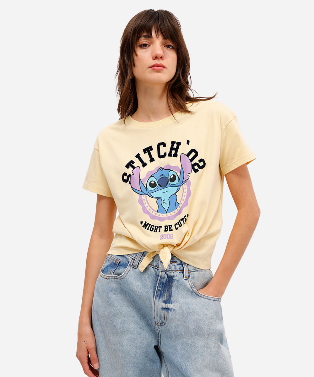 camiseta feminina de algodão stitch com amarração amarela