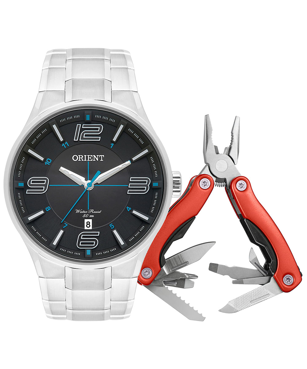 kit relógio masculino orient mbss1307kd38d2sx analógico calendário prateado