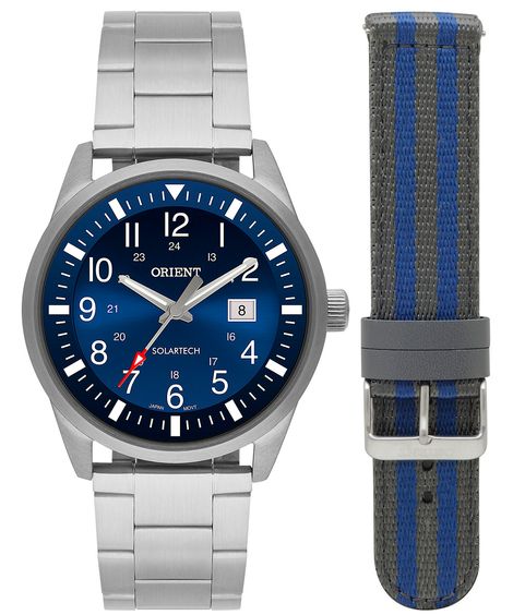 kit relógio masculino orient mbss1452d2sx analógico calendário prateado