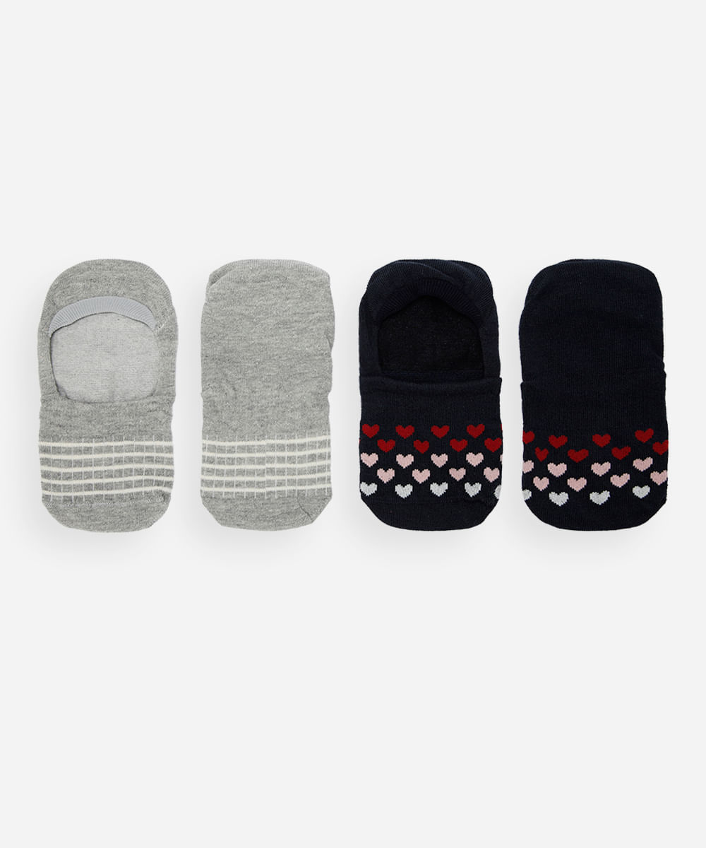kit de 2 meias femininas sapatilha coração colorida