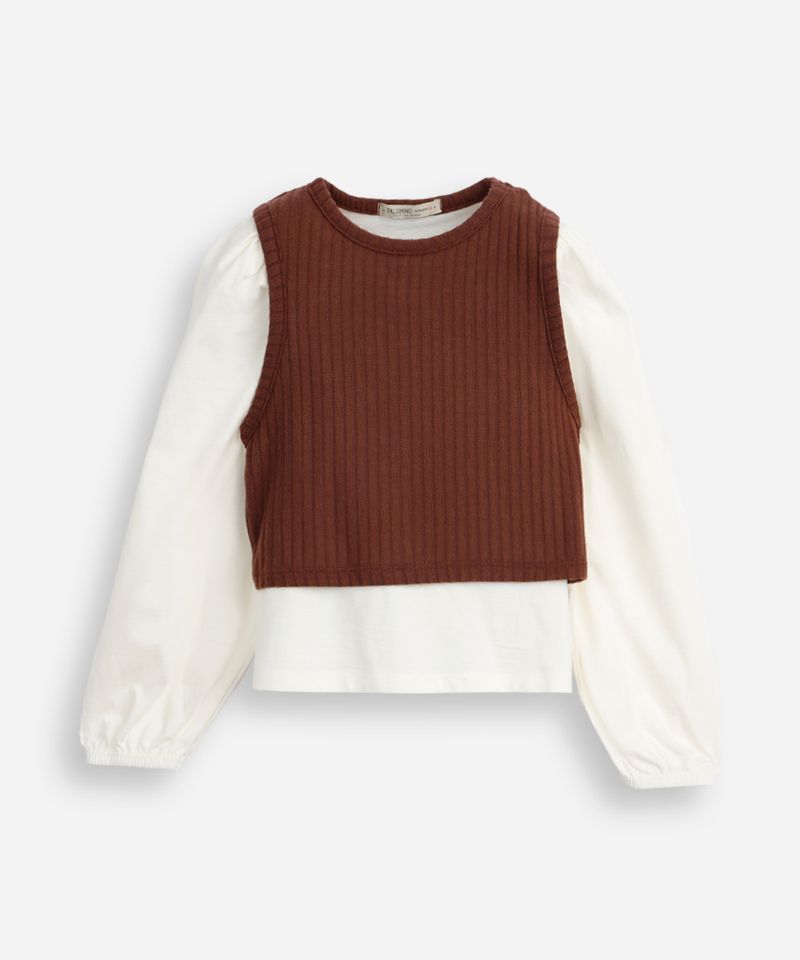 blusa infantil manga bufante com colete marrom