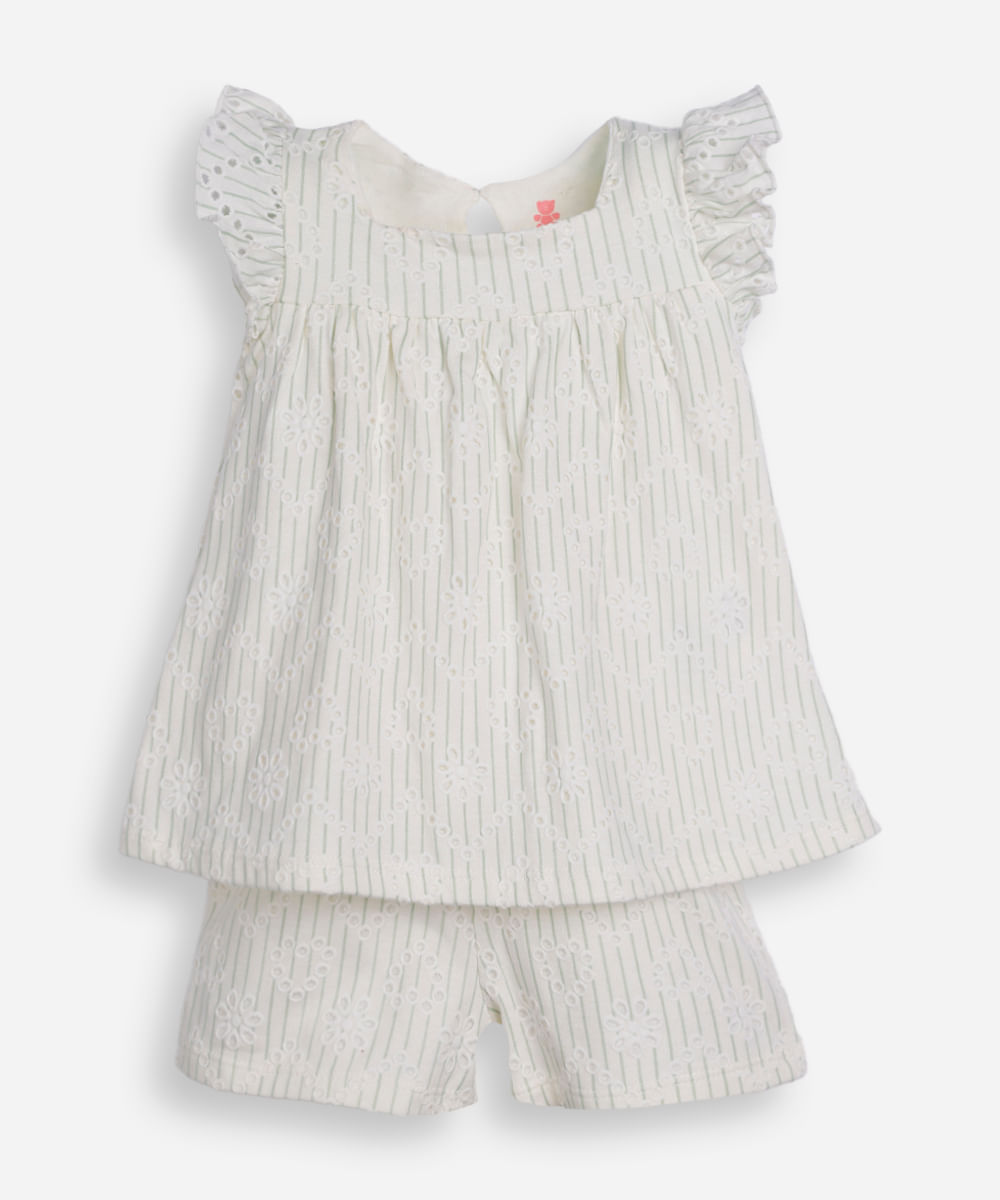 conjunto infantil em laise listrado - off white