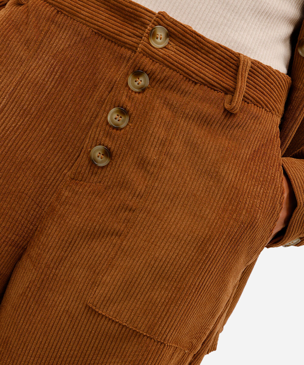 calça reta feminina de veludo cotelê cintura alta marrom