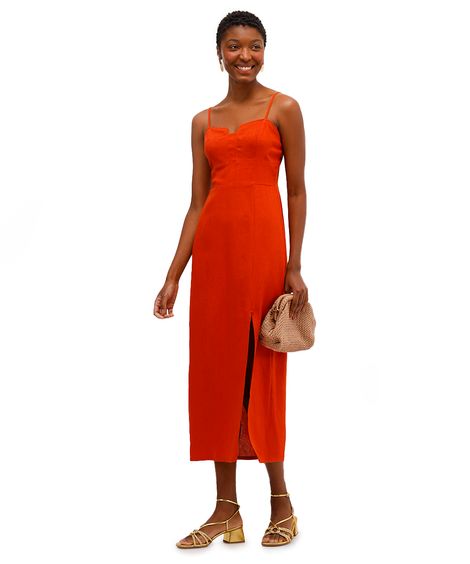 vestido midi feminino com linho e fenda laranja