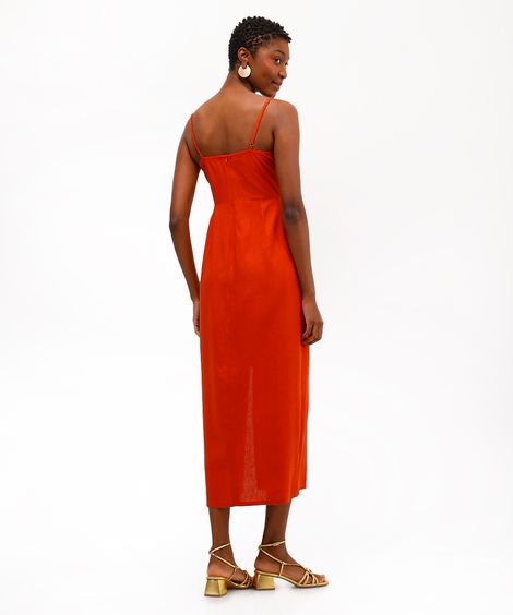 vestido midi feminino com linho e fenda laranja
