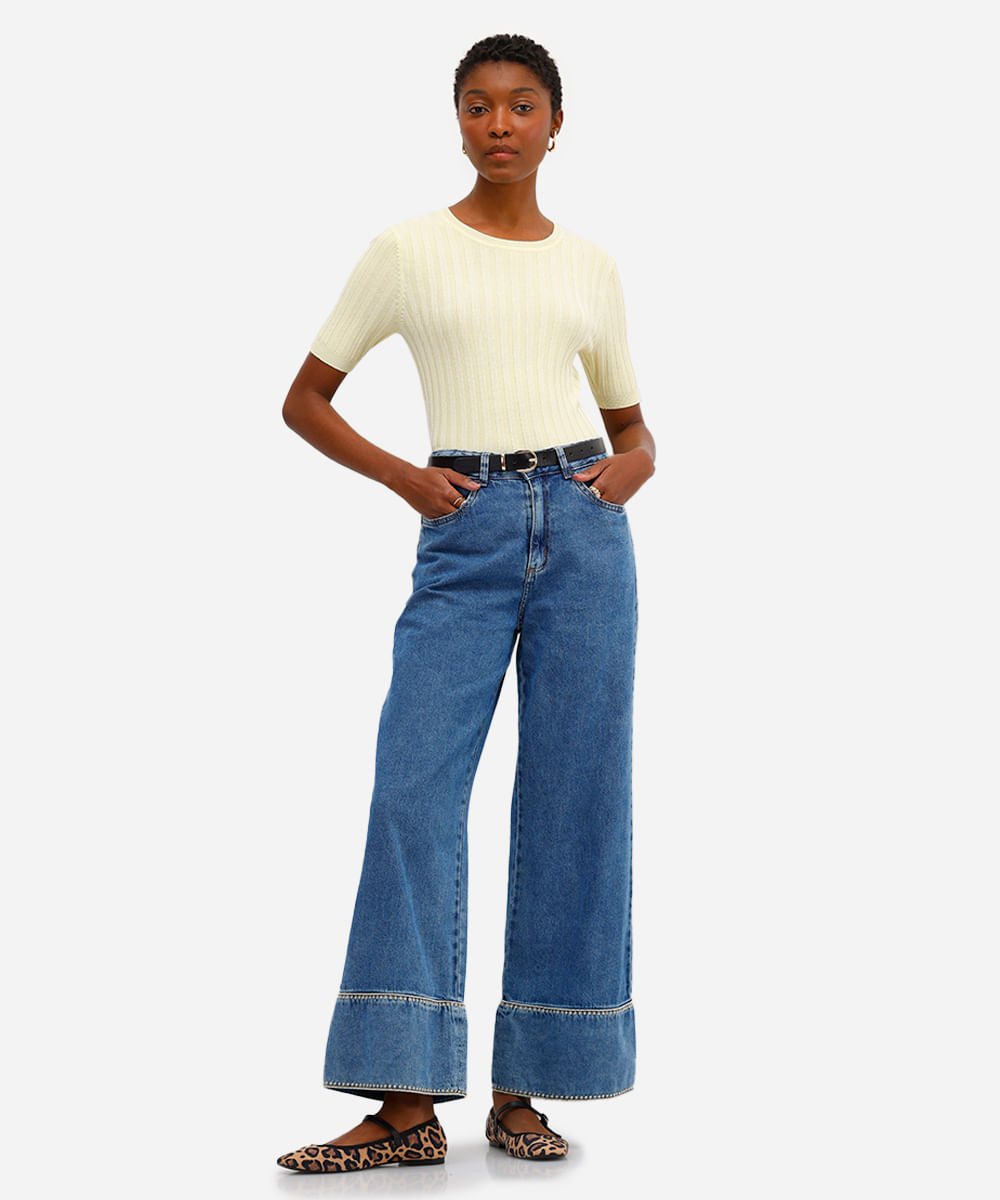 blusa feminina de tricot canelada manga curta amarela