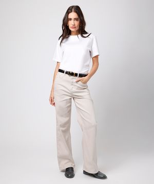 calça feminina de sarja new york cintura alta mindset bege