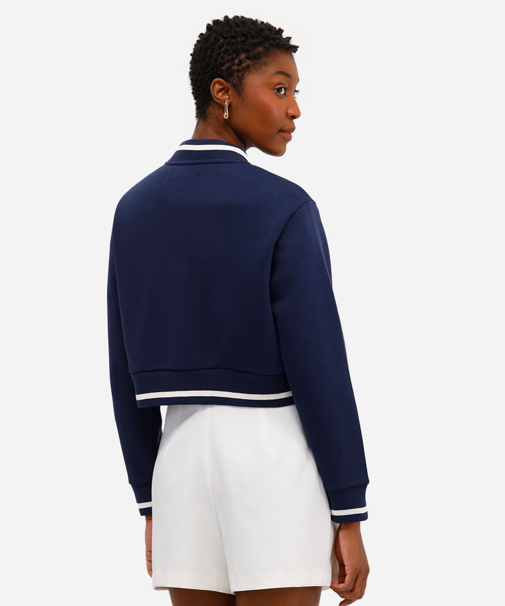 jaqueta feminina de moletom cropped bomber azul