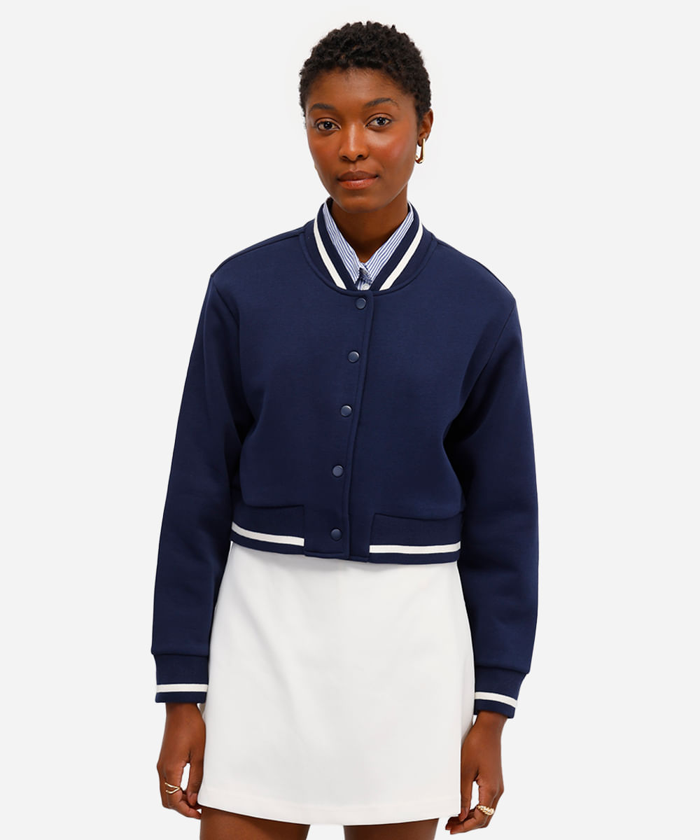 jaqueta feminina de moletom cropped bomber azul