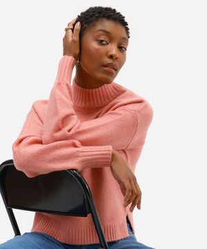 suéter feminino de tricot básico gola alta rosa