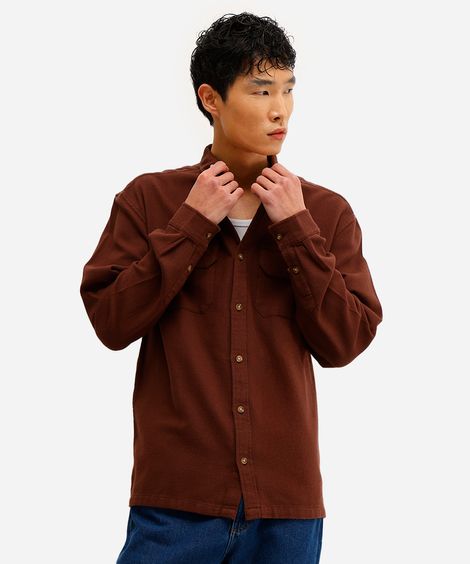 camisa masculina de algodão manga longa texturizada marrom