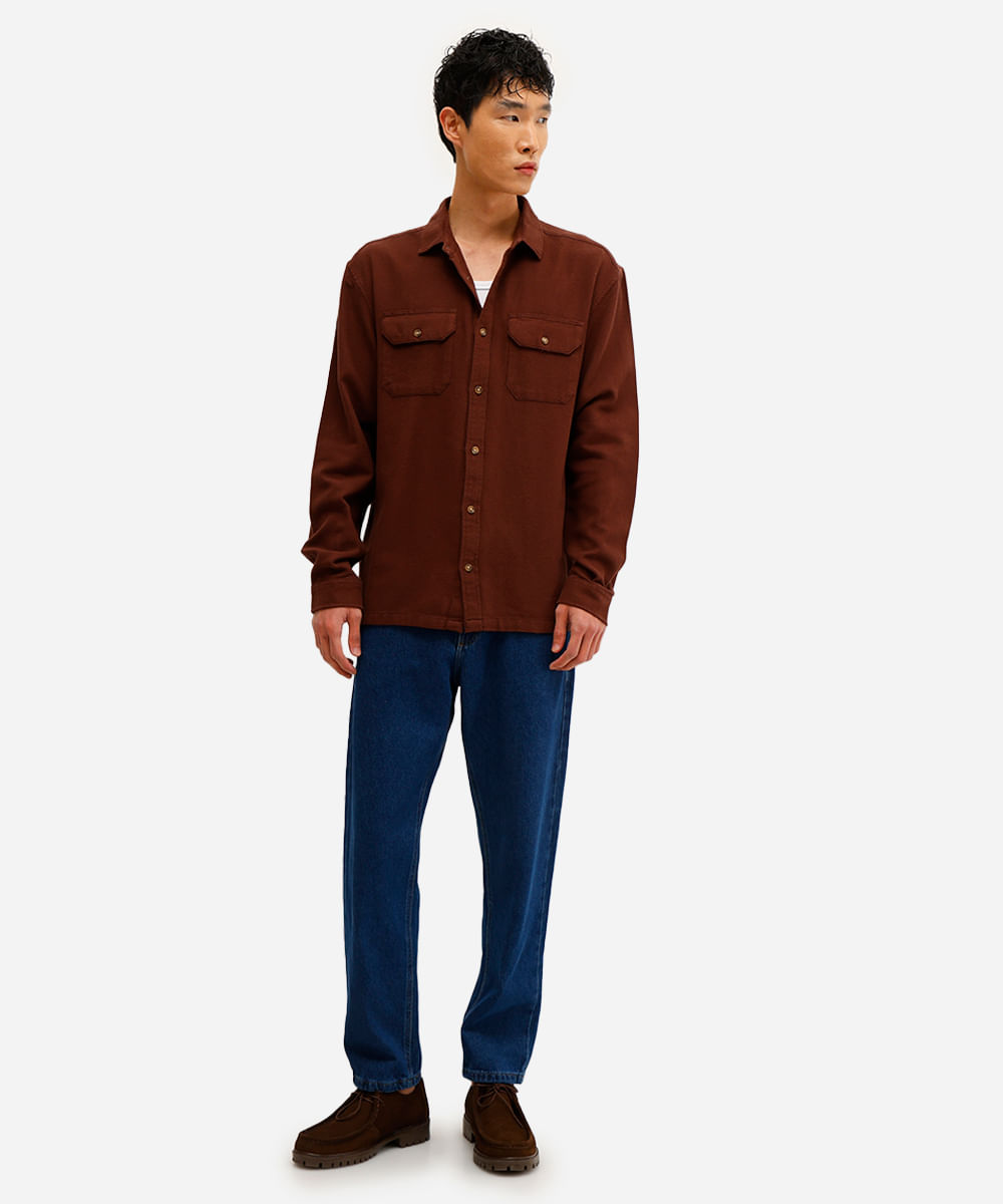 camisa masculina de algodão manga longa texturizada marrom