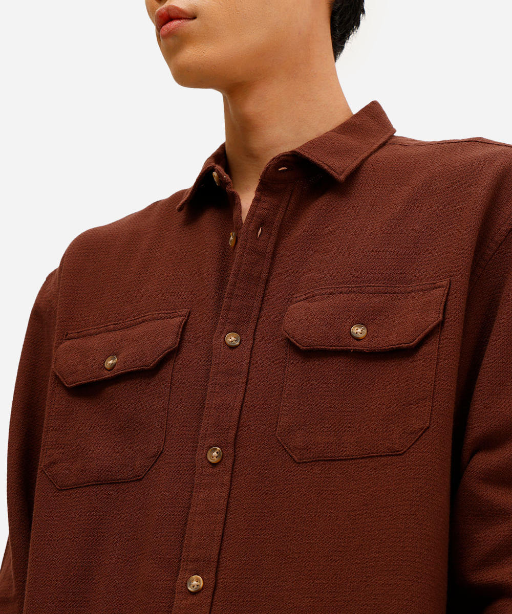 camisa masculina de algodão manga longa texturizada marrom