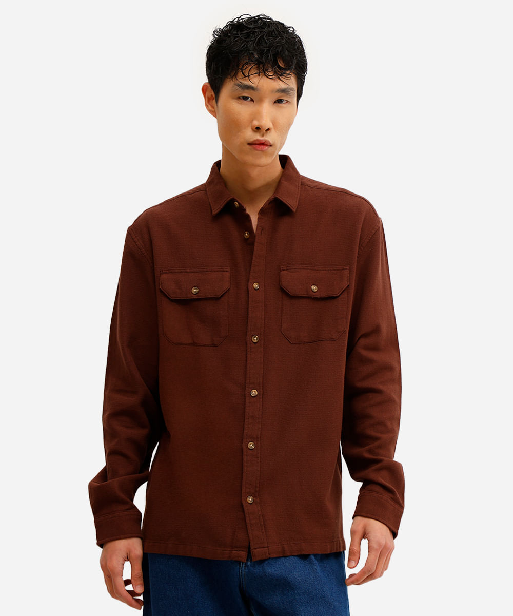 camisa masculina de algodão manga longa texturizada marrom