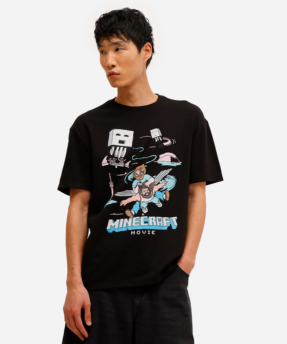 camiseta masculina manga curta minecraft preta