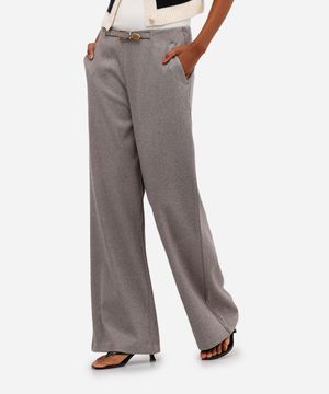 calça feminina de alfaiataria com fivela listrada cinza