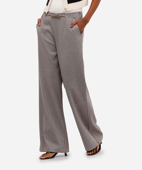 calça feminina de alfaiataria com fivela listrada cinza