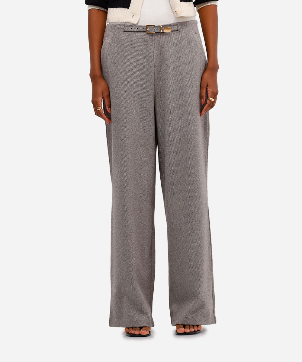 calça feminina de alfaiataria com fivela listrada cinza