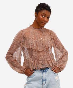 bata feminina de renda com babados paisley marrom