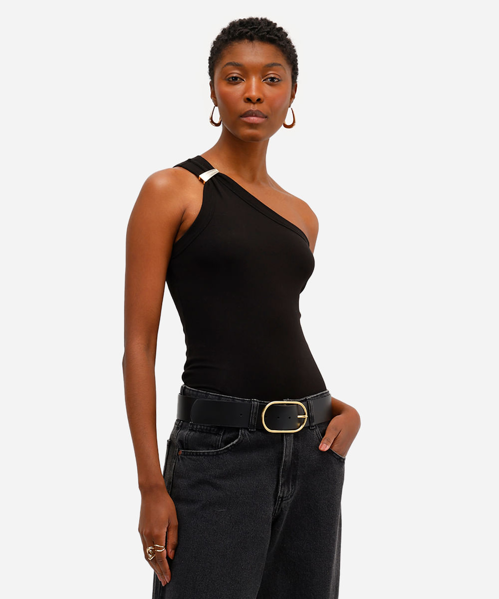 blusa ombro único feminina de algodão preta