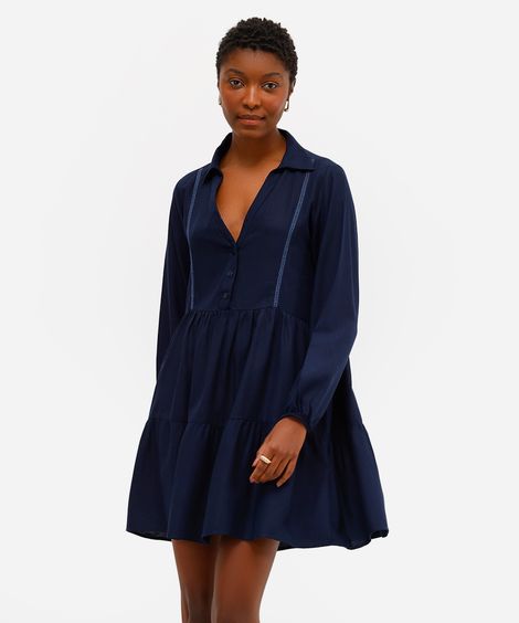 vestido chemise feminino com linho decote v azul