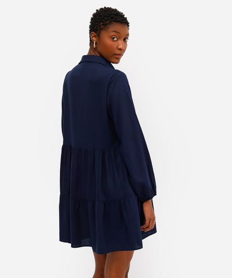 vestido chemise feminino com linho decote v azul