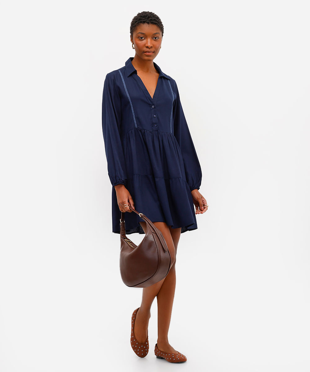 vestido chemise feminino com linho decote v azul
