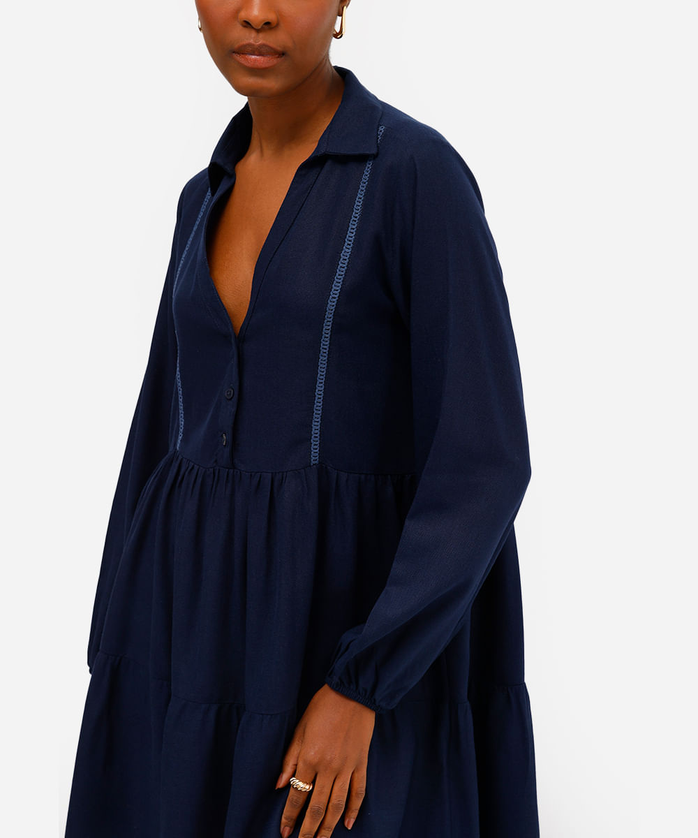 vestido chemise feminino com linho decote v azul
