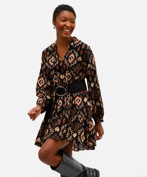 vestido curto feminino de algodão manga bufante arabescos preto