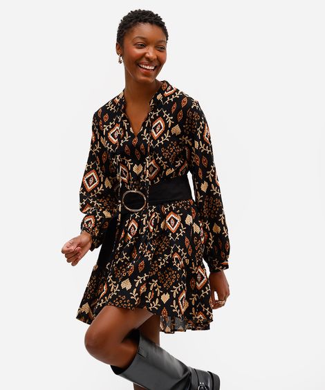vestido curto feminino de algodão manga bufante arabescos preto