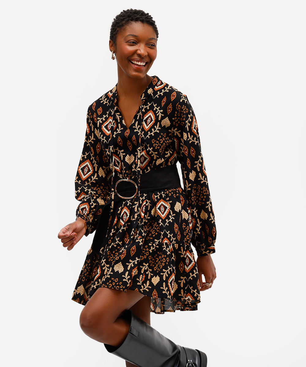 vestido curto feminino de algodão manga bufante arabescos preto